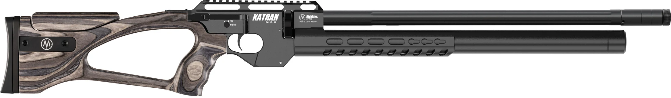 Explore the AirMaks Arms Katran Long PCP air rifle, featuring a regulated system, 520 mm barrel, adjustable stock, multiple calibres and Picatinny optics rail. Explore the AirMaks Arms Katran Long PCP air rifle, featuring a regulated system, 520 mm barrel, adjustable stock, multiple calibres and Picatinny optics rail.